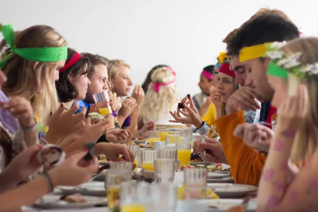 A brunch at a nation, with students dressed up in summery outfits